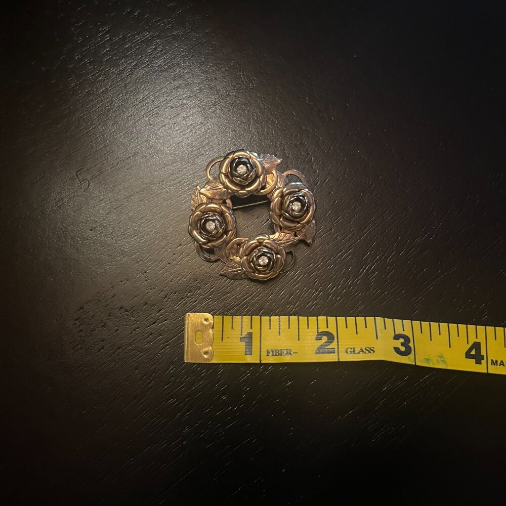 Vintage Embossed Goldtone Roses with Center Rhinestones